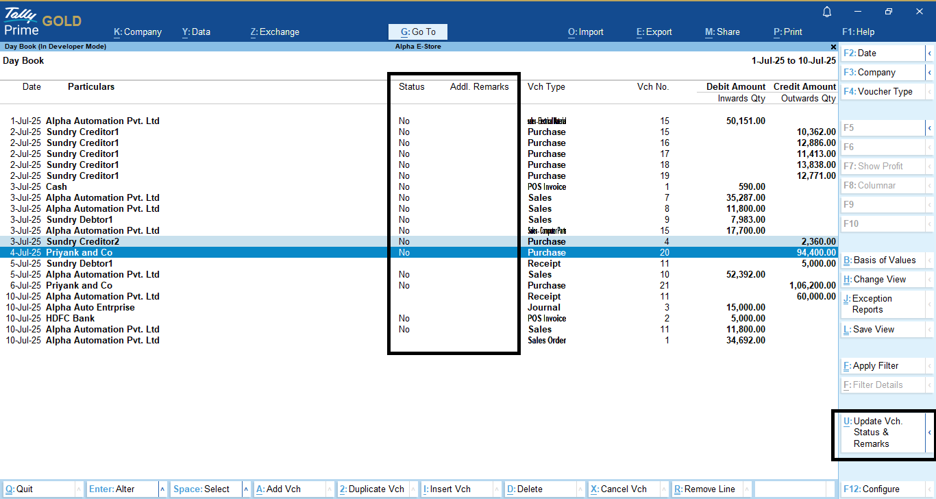 Update User Defined Voucher Status with Remarks